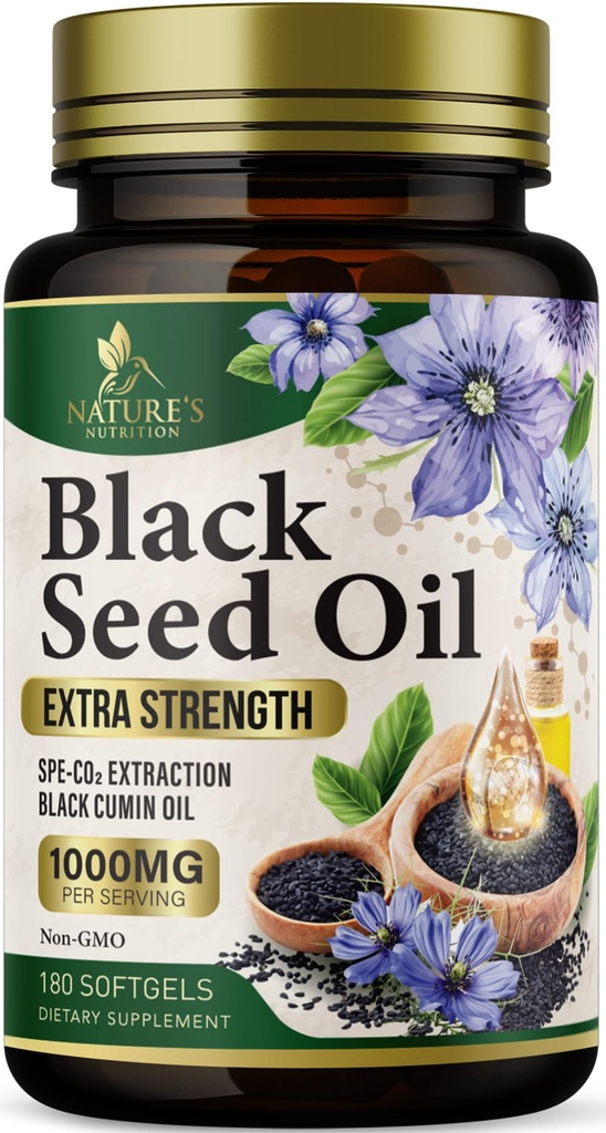黑籽油软胶 1000mg - Premium Nigella Sativa 黑籽,纯天然黑胶种子油和抗氧化剂,用于皮肤和免疫支持 - 非转基因O,在美国的瓶装 - 180 软胶