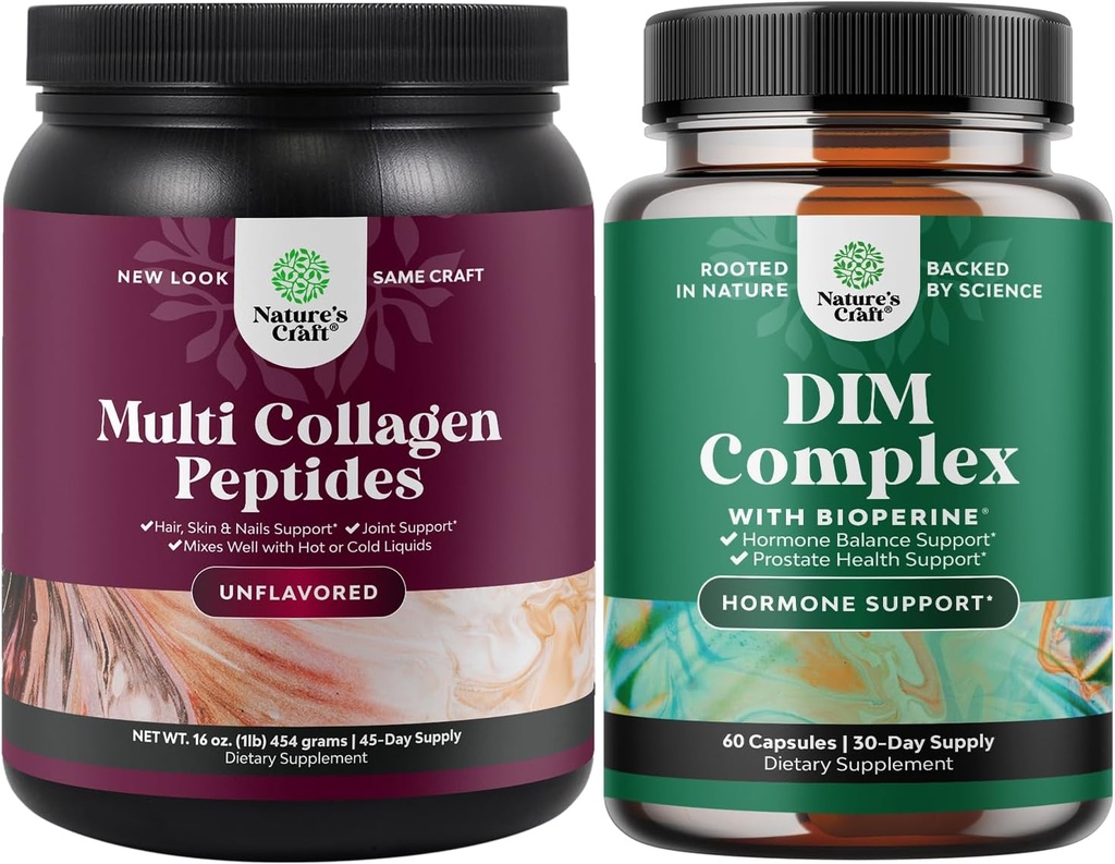 Natures Craft Bundle of Multi Collagen 蛋白质蛋白粉供男女使用 -- -- 毛皮和钉子维生素和DIM 复杂男女荷尔蒙平衡补充
