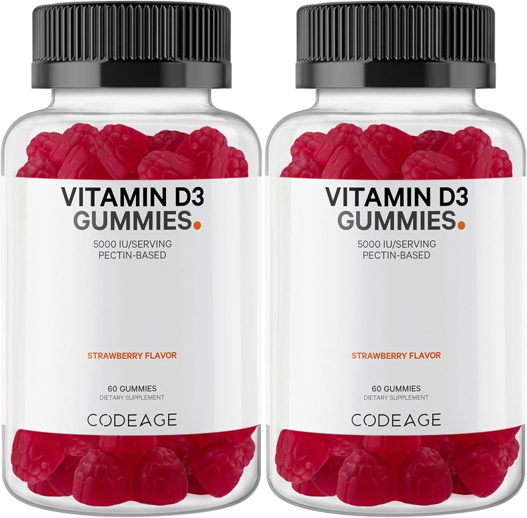 编码维他命 D3 甘油维他命 D3 5000 IU Gummys Choolcalciferol 125 mcg,软培丁基,动物无胶甘油,甘油维他命,草莓,非GMO - 2-Pack
