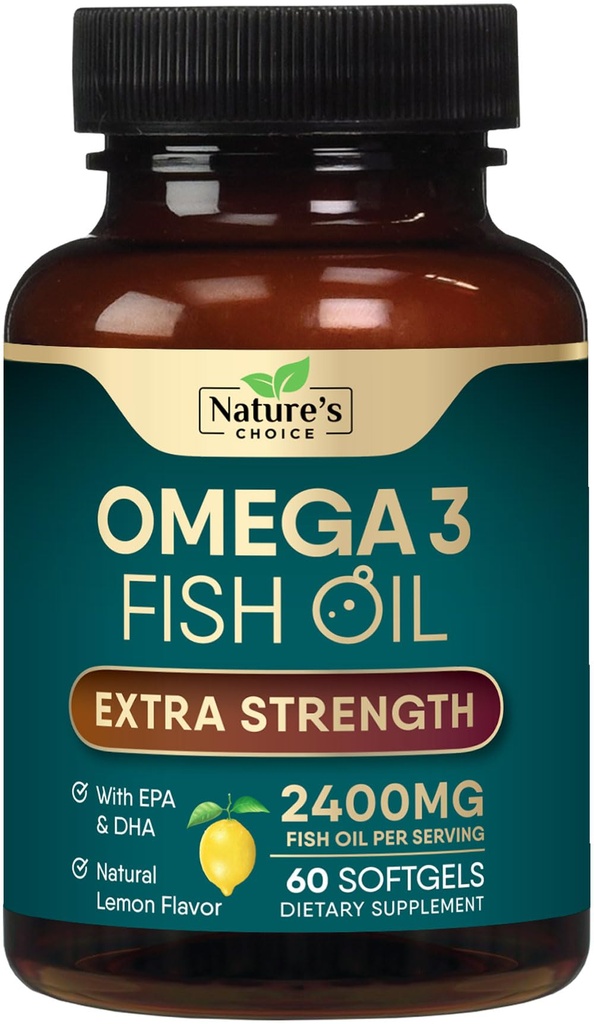 Omega 3 鱼类石油补充剂 2400 mg - 三重强度EPA & DHA 鱼类石油补充剂 Omega 3 基本脂肪酸补充剂 Softgel, Brain & Heart Health Supports, Gluten Free 非GMO, 60 Softgels