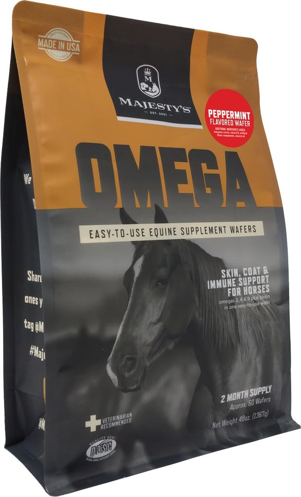陛下的奥米加·瓦费尔斯(英语:Omega Wafers) - Superior horse/Equine Skin, Coat, and Immune Support Supplement - Omega 3, 6, 9 and Biotin (Peppermint, 60 Counter) 互联网档案馆的存檔,存档日期2013-03-02.