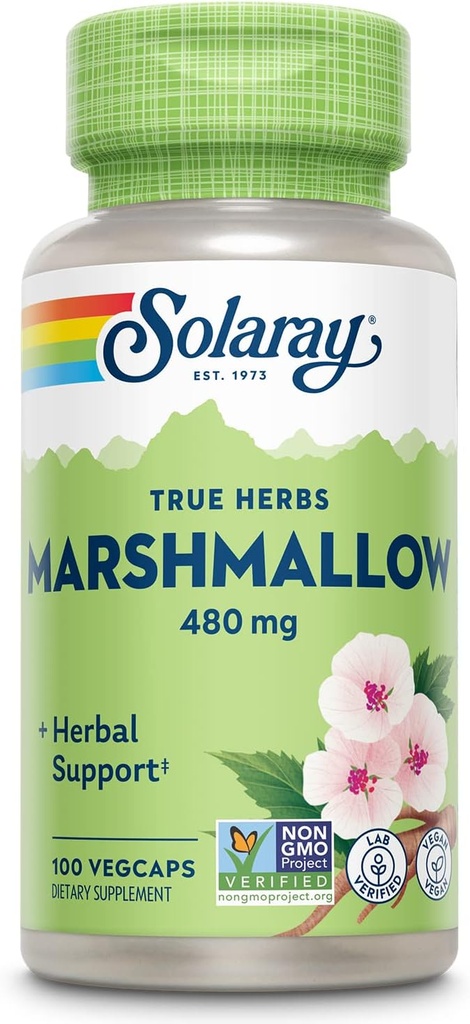 SOLARAY Marshmallow Root Capsules 480 mg -- -- 舒缓草药支持w/黄马什mallow Root -- -- 在可溶性纤维、Vegan、非GMO、实验室验证、60天保证、100名服务员、100名Veg Caps的高水平