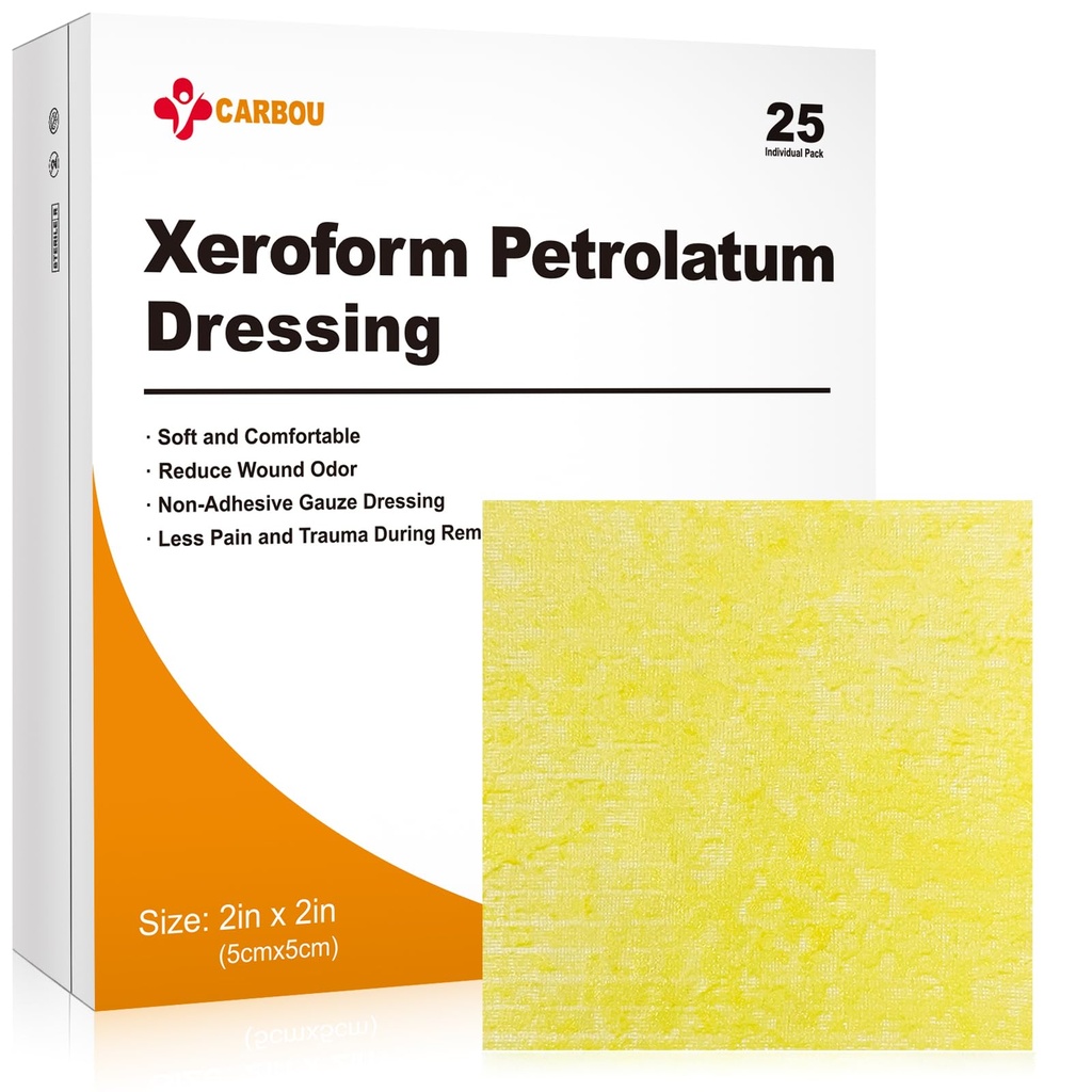 Carbou Medical Xeroform Petrolatum Dressing 2"x2", 25 个人包装,非高级高泽帕, 软精美高泽补丁用于伤患护理, 烧伤, Lacerations, Skin Grafts & Surgical 切片