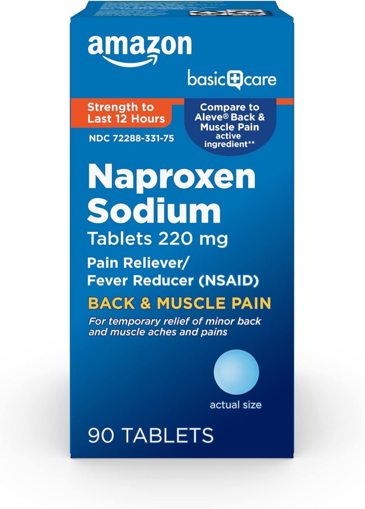 基本护理 " 背部和肌肉疼痛 " ,220毫克,12小时疼痛缓解剂,Naproxen Sodium 片剂,疼痛救生剂和减热剂,90个计数