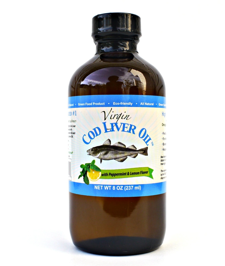 Virgin Cod Liver Oil - 8 Fl oz Natural,可持续来源,野生捕捉和新鲜味道. 维生素D高,Omega 3 DHA/EPA(莱蒙和辣椒薄荷火焰)