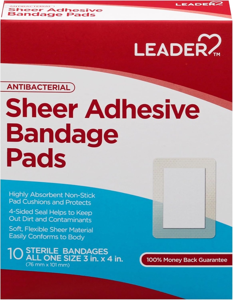 LEADER Sheer Adhesive Bandage Pades,包装有皮肤的Blends,高吸附性非Stick Pad,用于急救和伤者护理保护,与Band-Aid相比,All one Six 3/4"×4),100厘米.