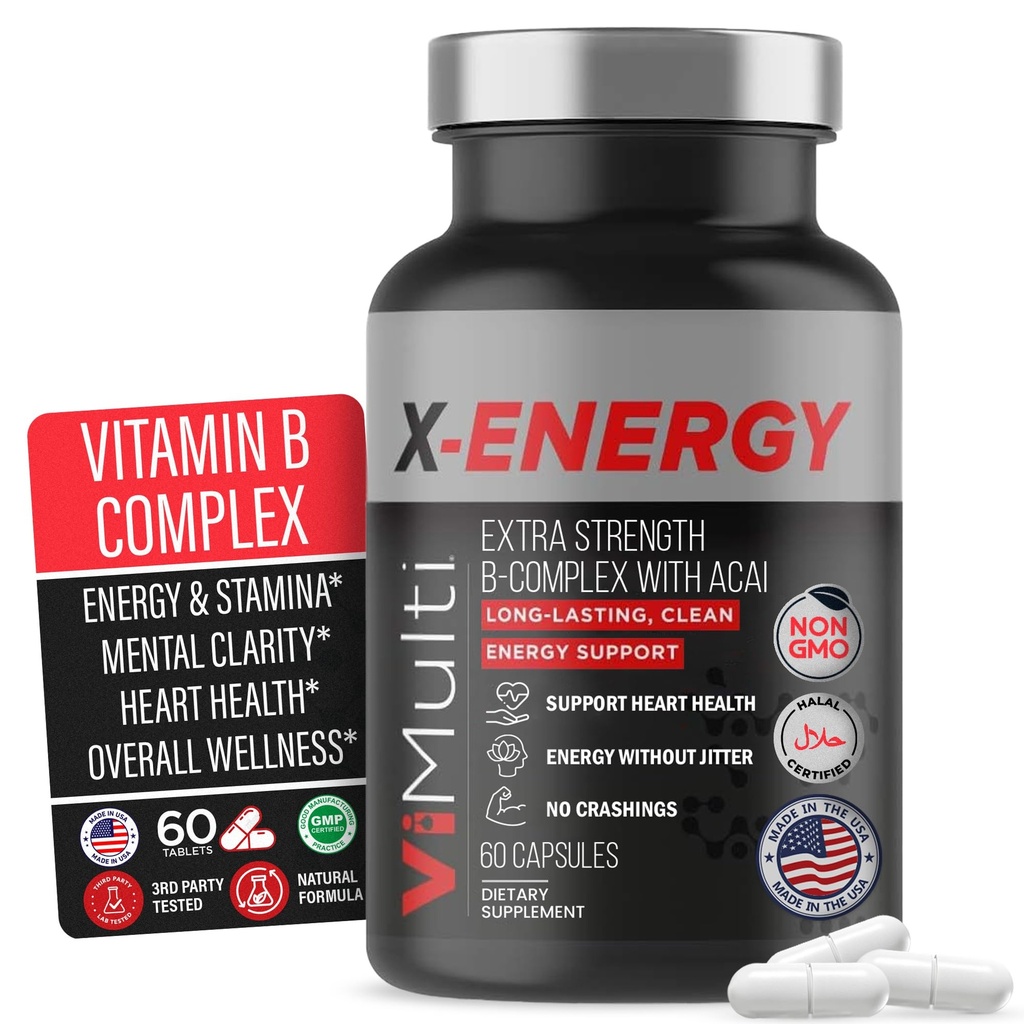 配有咖啡因和维生素B12的X-能量外强B复合物 — 配有B1,B2,B3 Niacin,B6,Folic Acid,B5,Taurine, Ginseng, Rhodiola, Maca, Acai & Spiruina — 60 Capsules