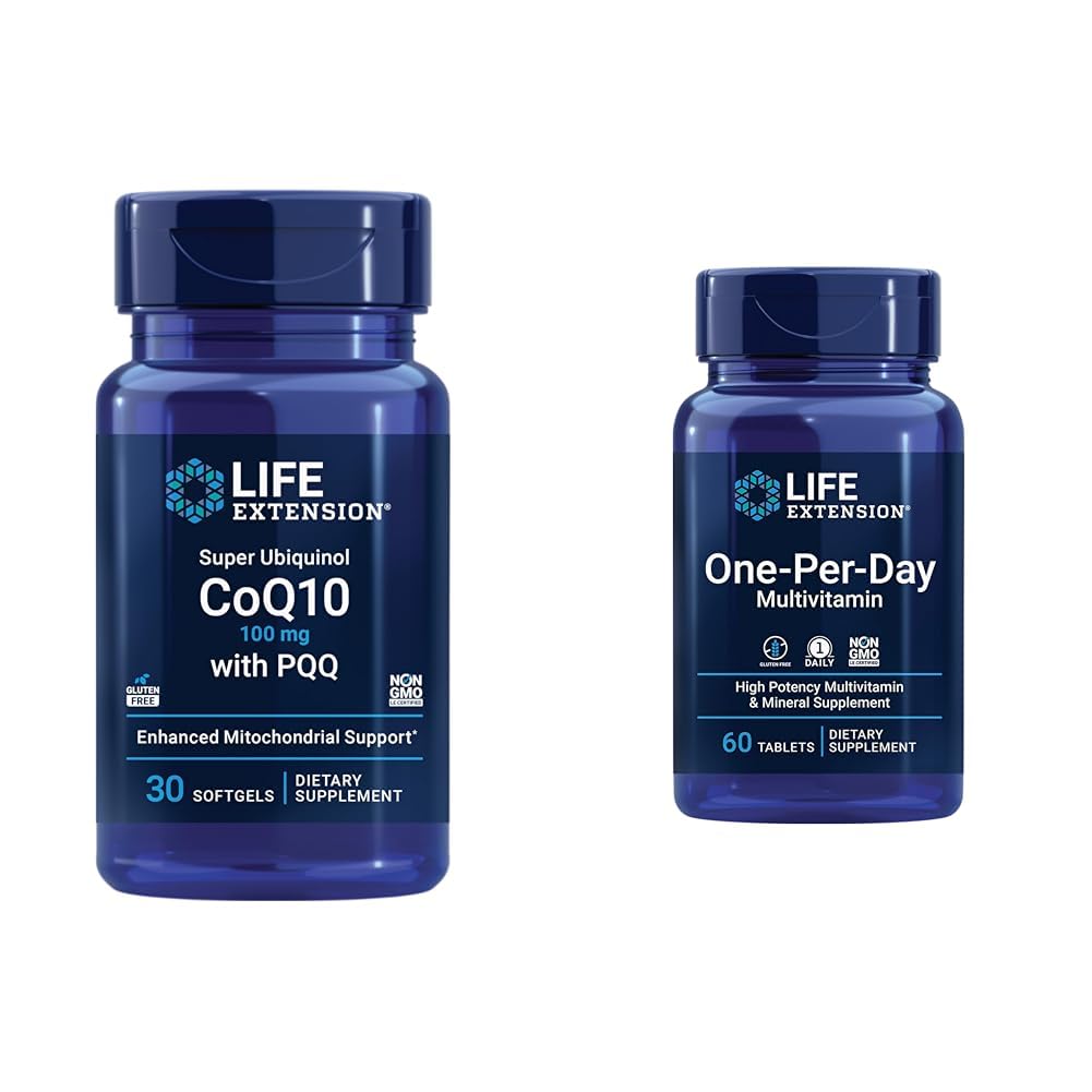 生命延长 Super Ubiquinol CoQ10 配有 PQQ, CoQ10, PQQ, shilajit, 心脏健康与一天多维特敏 – 装有超过25种维生素, 矿物和植物提取物的包装