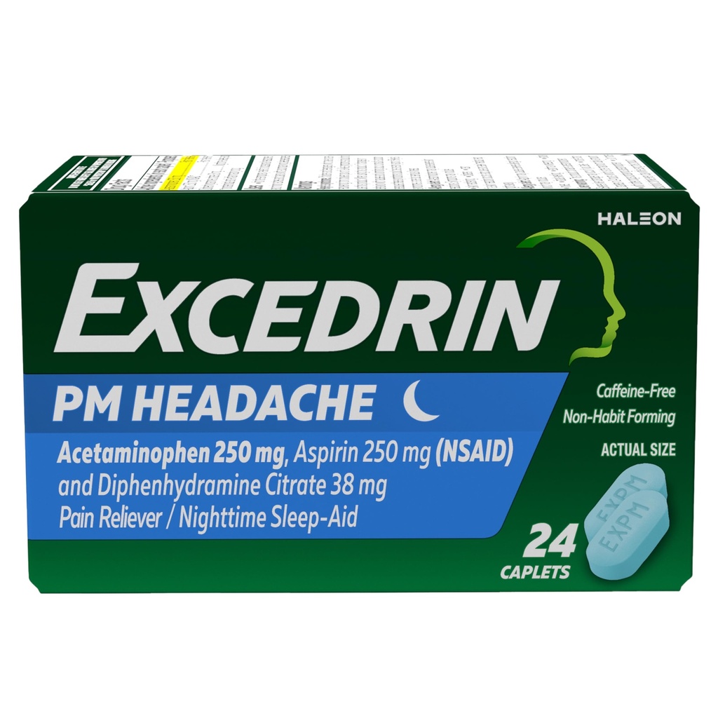 治疗头痛的Excedrin PM, Acetaminophen 250mg, Aspirin 250mg, 二苯胺 Citrate 38mg, Pain Reliever, 夜间睡眠援助, 24 Counter