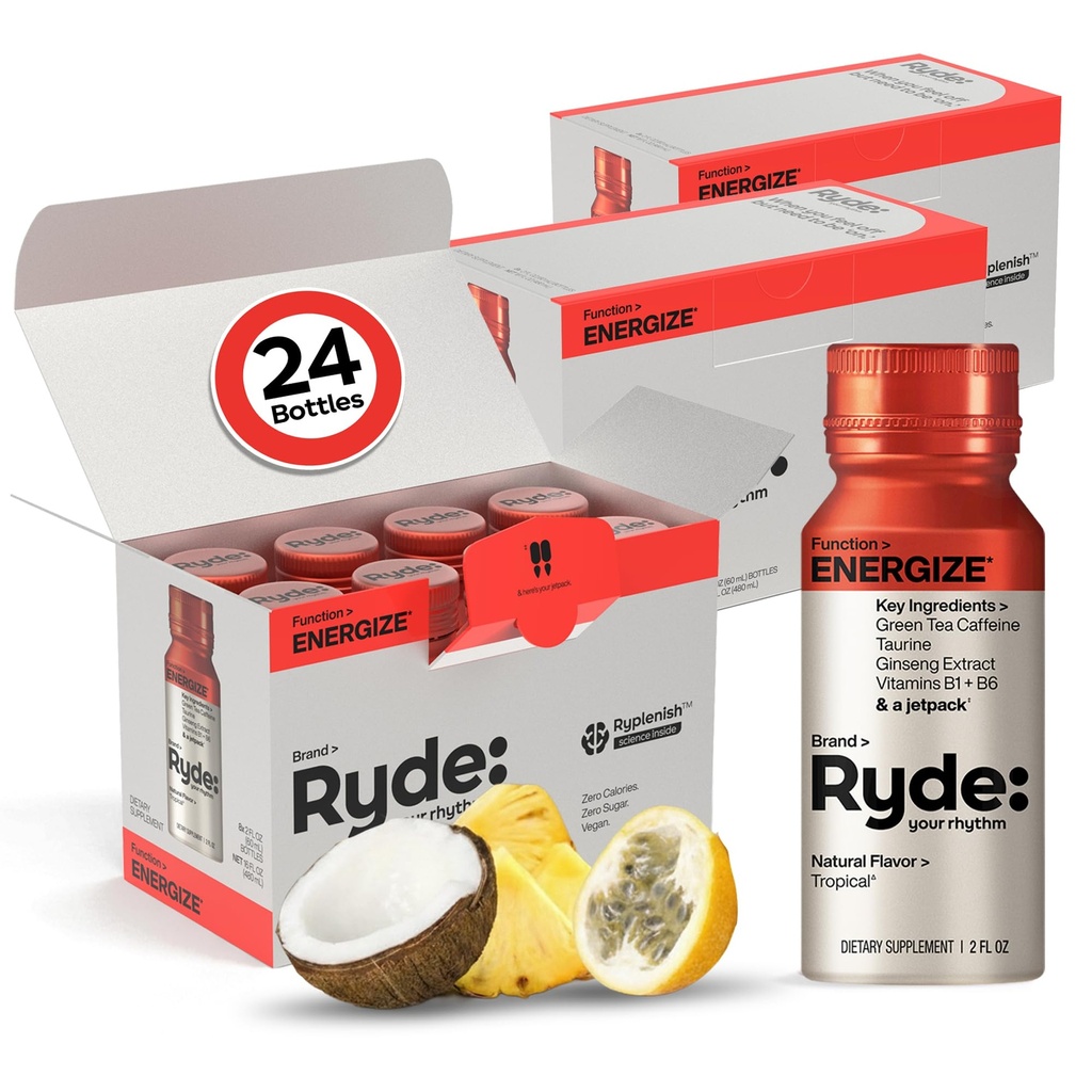 (原始内容存档于2017-03-29). Ryde: Energize Shot QQ热带火焰 绿茶咖啡因,陶林,Ginseng Extraction & B Vitamins QX0卡路里,0糖 QX2 FL OZ Shots QX boosts 能量* (24 Pack).