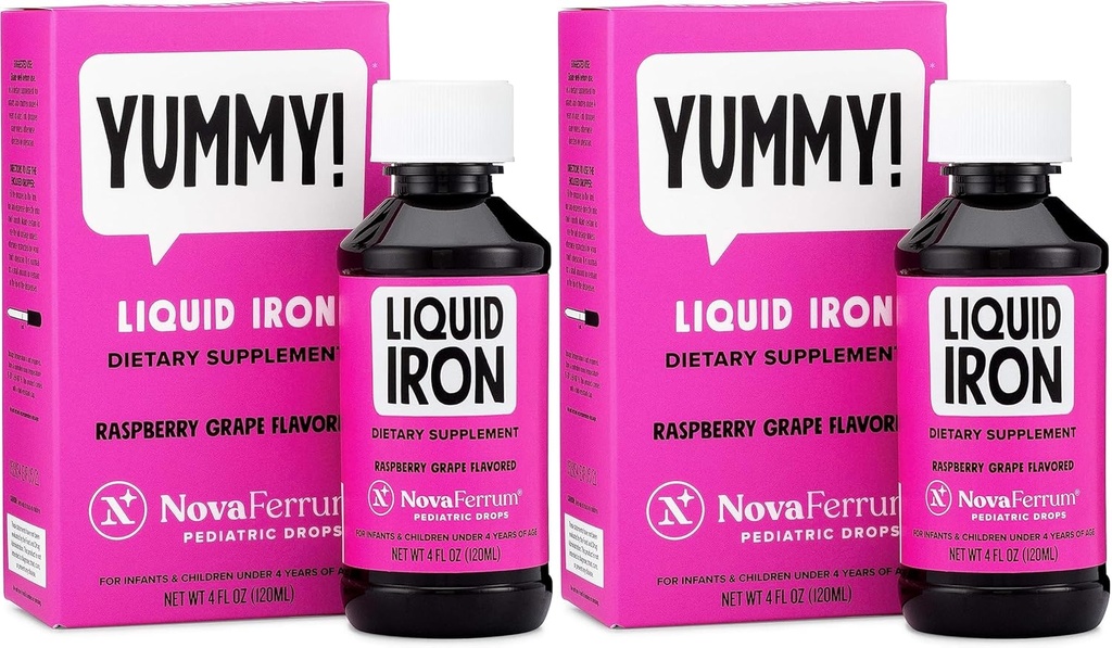NovaFerrum 小儿滴液体铁 婴儿和托德勒斯 4 fl oz (120 mL) - Raspberry Grape - Pack of 2