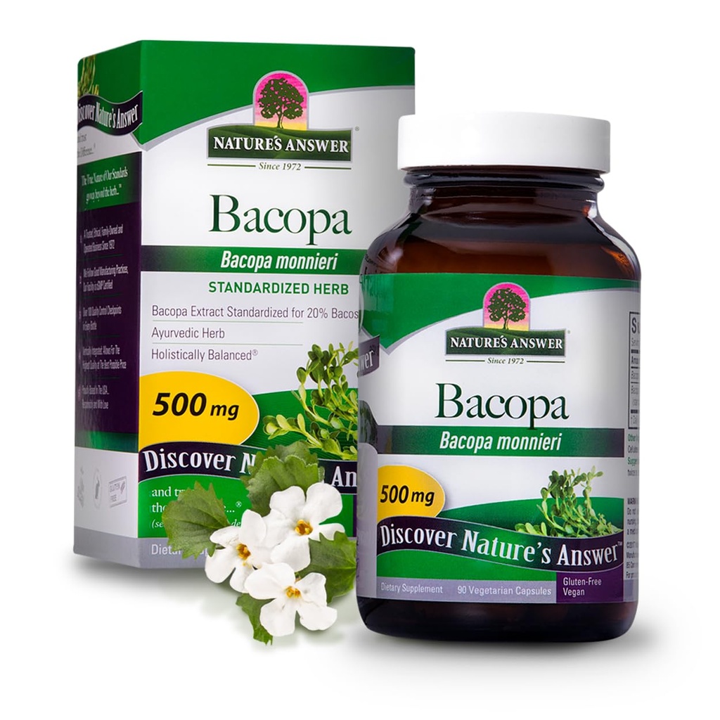 自然之答 Bacopa Monnieri 标准化蔬菜 Capsules 500mg, 90-Count QQ促进认知功能 QQ 精神清晰度支持 QQ 改进清晰度和焦点