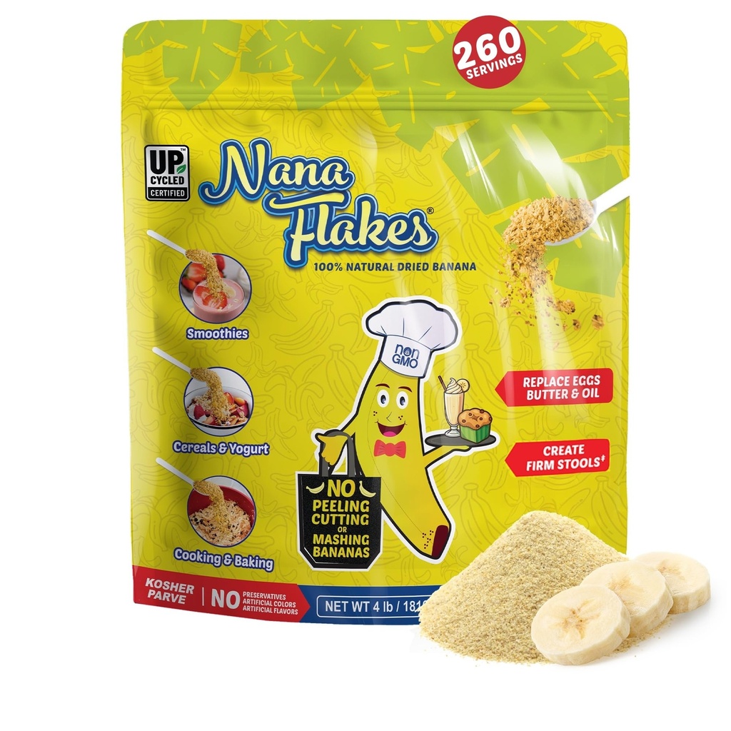 Nana Flakes 100% 纯香蕉花 食品粉 4 lbs - 钾和纤维大源,用于消化性健康与偶发性腹泻, Meal Thicking - 天然和苏打(4 lbs Bag)