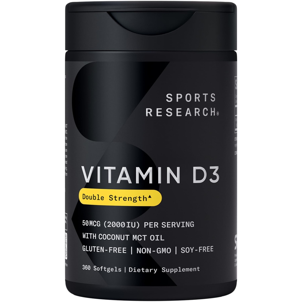 Sports Research Vitamin D3 2000 IU with Coconut MCT Oil - Double Strength Vitamin D Supplement - Non-GMO Verified, Gluten & Soy Free – 50mcg, 360 Liquid Softgels