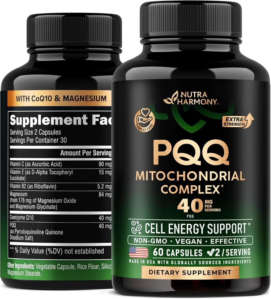 PQQ 40 mg - PQQ 配有 CoQ10 补编 - Mitochondria Biogenic & Cellular Energy Production - 配有镁,维生素C,E & B2 - 纯和高度生物可用性 - 实验室测试 - 美国制造 - 60 Capsules