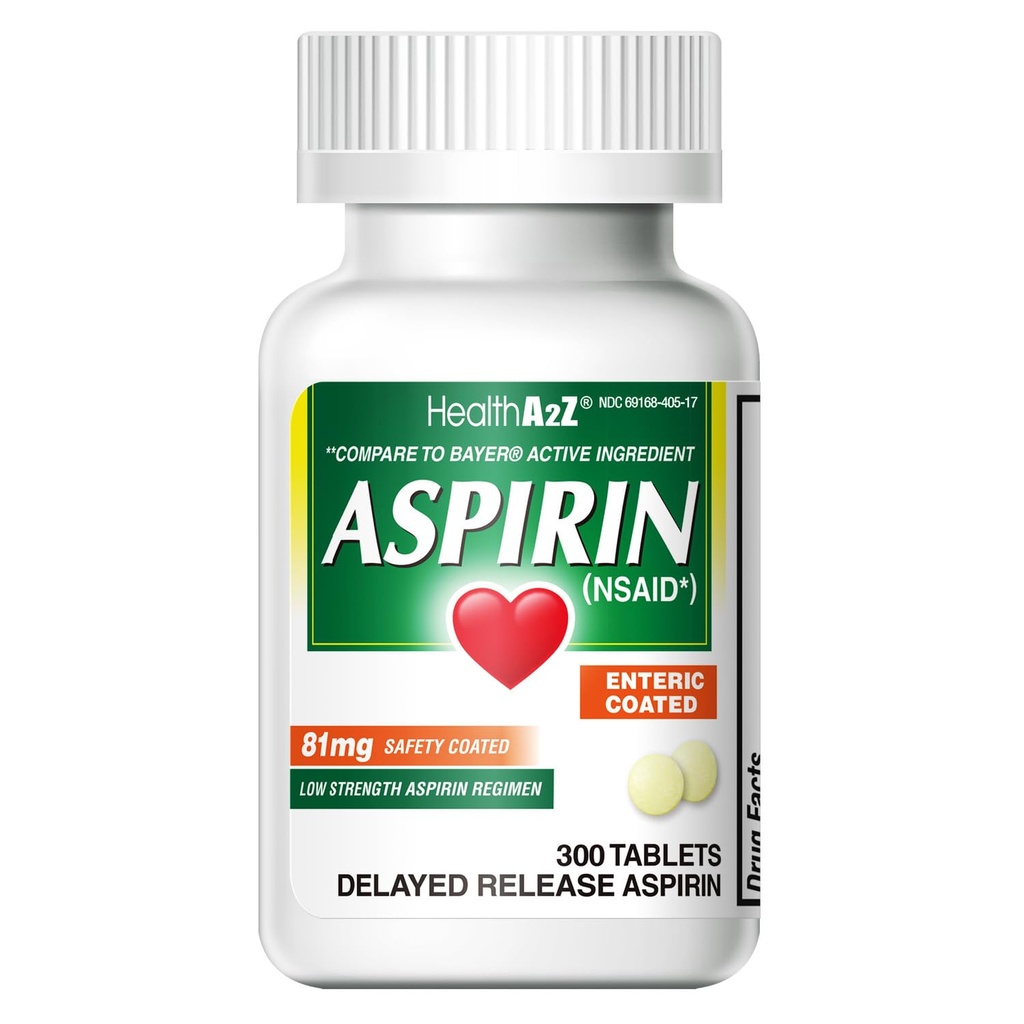 健康 A2Z® Aspirin 81 mg → 低强度 → 肠内结扎 → 止痛 → 减少小痛 肌肉疼痛 → Cramps → 减少发热 → 减少头痛(300个数)