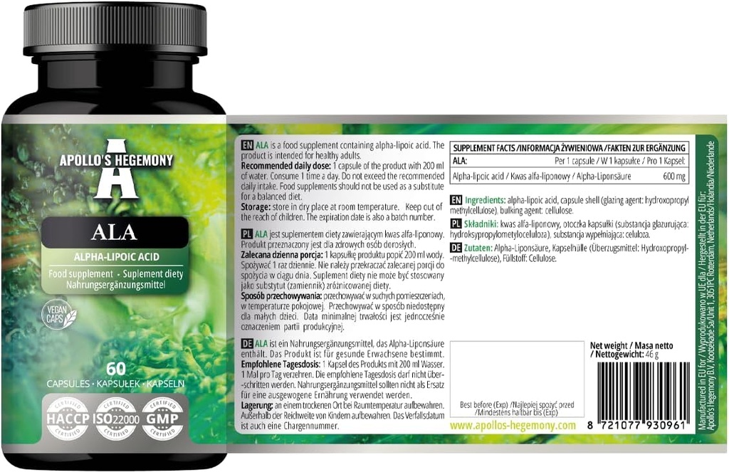 APOLLO的HEGEMONY ALA (Alpha Lipoic Acid) 600 mg - 60 Vegan Capsules - 优化葡萄糖管理 - 支持Mitochondrial 健康 - 两个月的供应