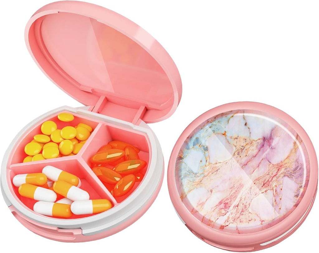 Serfeymi小药盒 - 3 Portable Pill Box for Purse Pocket, Compact mini Travel Pill case - 适合医药,维生素,鱼油,补充品 - 粉红色(Marble)