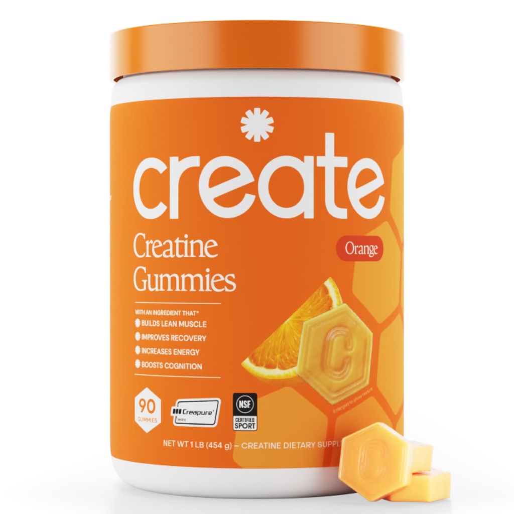 为男女创建Creatine Monohydrate Gummys,促进焦点,力量,以及耐力,抗挤压公式,Vegan,Gluten-Free,Non-GMO,每Gummy1.5克Creatine(Orange,90厘米)