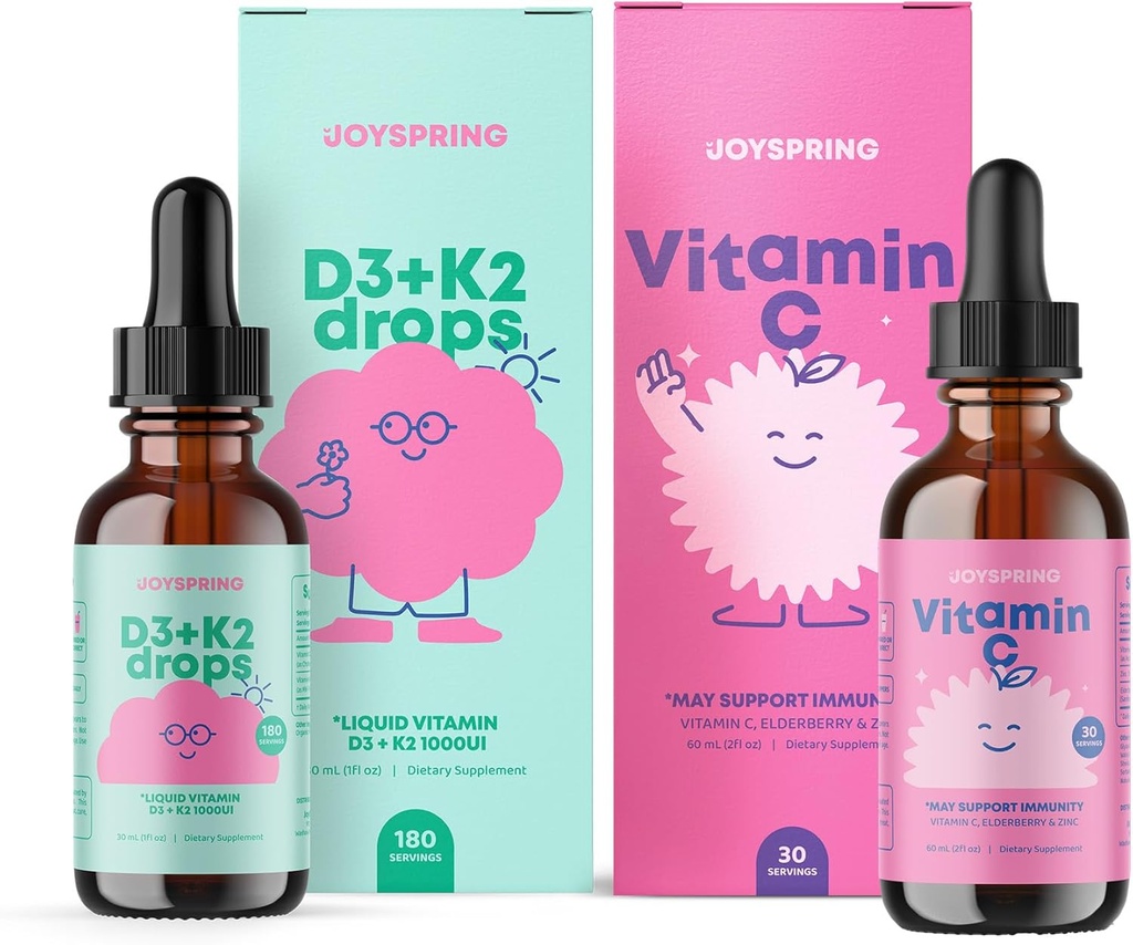 JoySpring Vitamin C + 长莓滴 + 锌补充 儿童免疫支持和维生素 D 滴 用于免疫支持和心脏健康