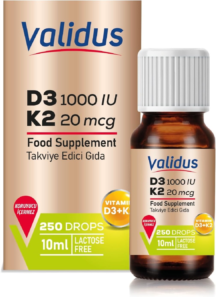 VALIDUS 维生素 D3K2 滴液 – 高发性维生素 D3 + K2 MK-7, 250 液体滴液 强化吸收 骨和心脏健康 支持Immune功能 非GMO, Gluten-Free, 易用, 10 ml