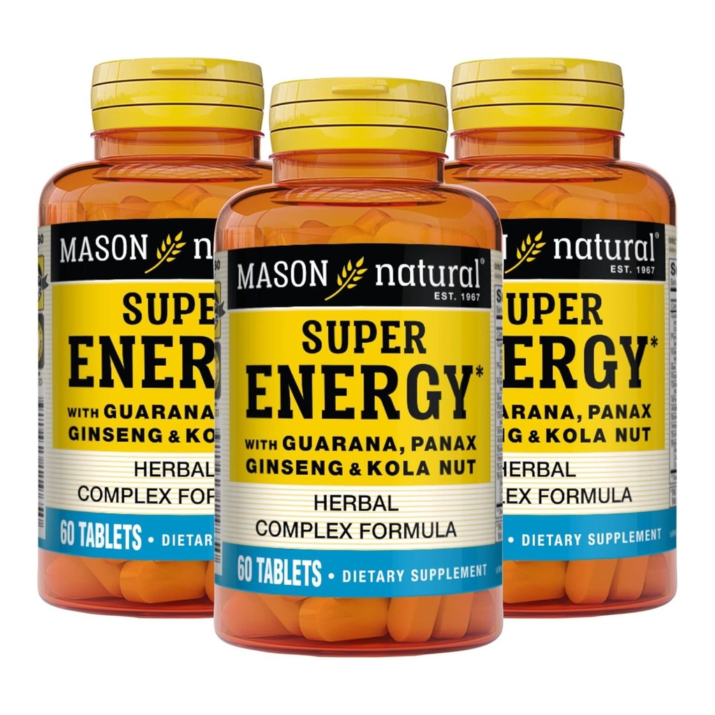 MASON NATURAL 超级能源,用瓜拉纳、Panax Ginseng和Kola Nut用于最佳性能和能源,90天供应,60块平板电脑(3包)
