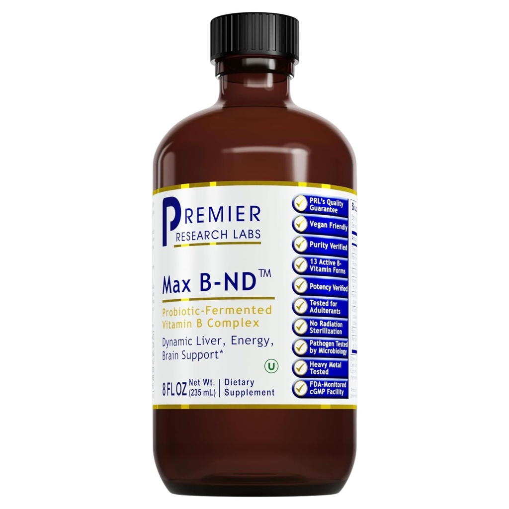总理研究实验室 Max B-ND - 液体维生素 B 复合体用于肝脏和脑健康,带有Thiamin, B12 & B6-8 Fl Oz瓶的男女副语言药丸