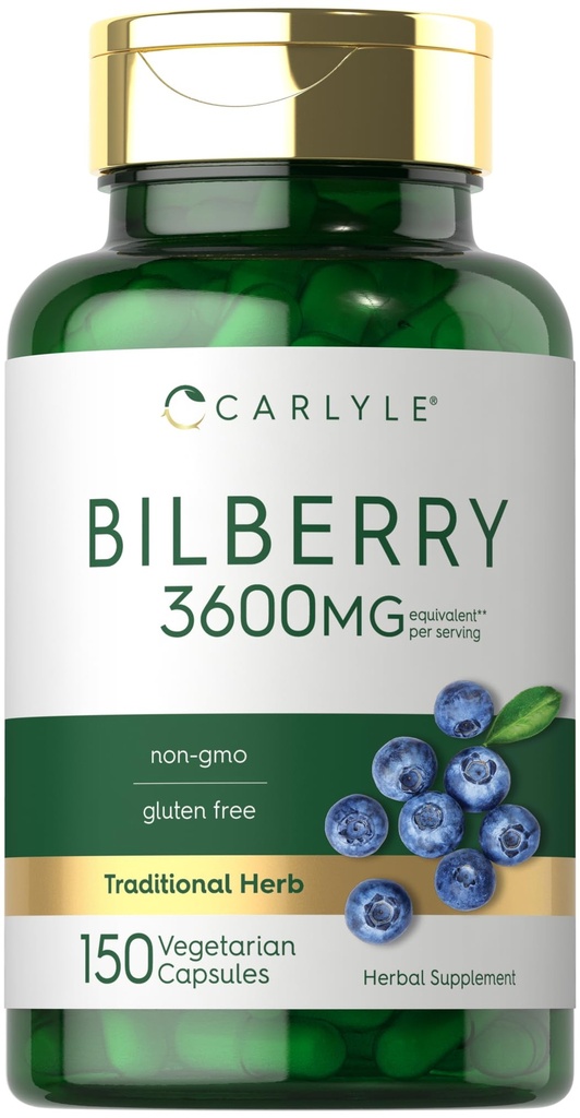 卡莱尔·比尔贝里(Carlyle Bilberry) 提取卡普苏莱(Capsules) | 3600mg | 150 伯爵 | 蔬菜,非GMO,Gluten免费水果补充品