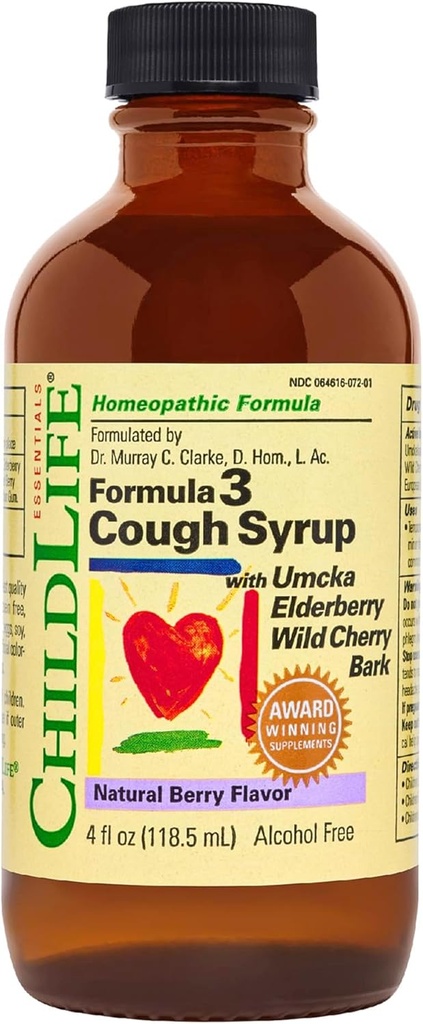 ChildLIFE 基本方程式3 儿童 cough Syrup - 儿童 cough Medical for Kids 2-11, 配有 Umcka, 老年莓和野生樱桃酒, Gluten Free - 天然莓, 4 Fl Oz