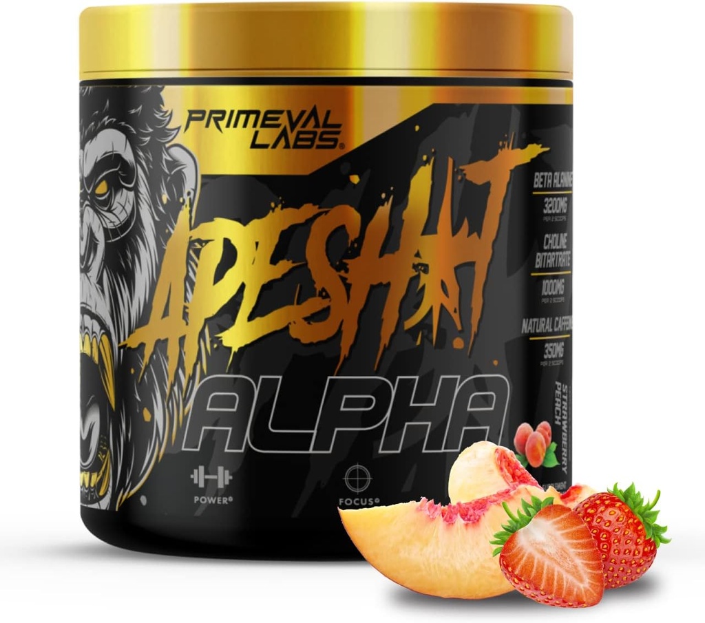 Primeval Labs Ape Alpha 自然前期男女工作 增加耐力和焦点 350mg Cafeine β-Alanine → L 柑橘 → Nitric Oxide Boster → 草莓桃 → 40位服务者