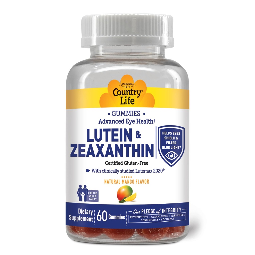 乡村生活 Lutein Gummys 与 Lutemax 2020, 60 Ct, Chewable 自然眼支持补编 Marigold Lutein, Zeaxanthin, 眼健康与 Macular 支持, 非 GMO, 天然水果 Pectin, Vegan