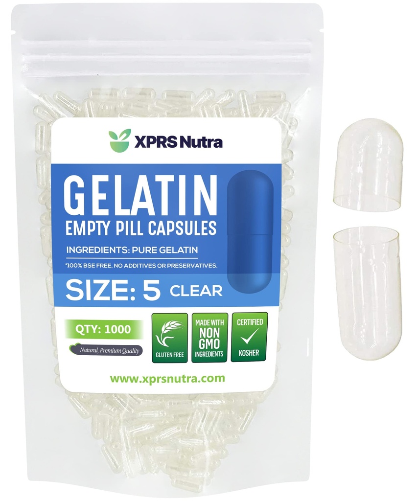 XPRS Nutra Size 5 Empty Capsules - 1000 Count Very Small Clear Empty Gelatin Capsules - Pills DIY Capsule Filling - Fillable Pill Gel Caps for Do-It-Yourself Vitamin Supplements