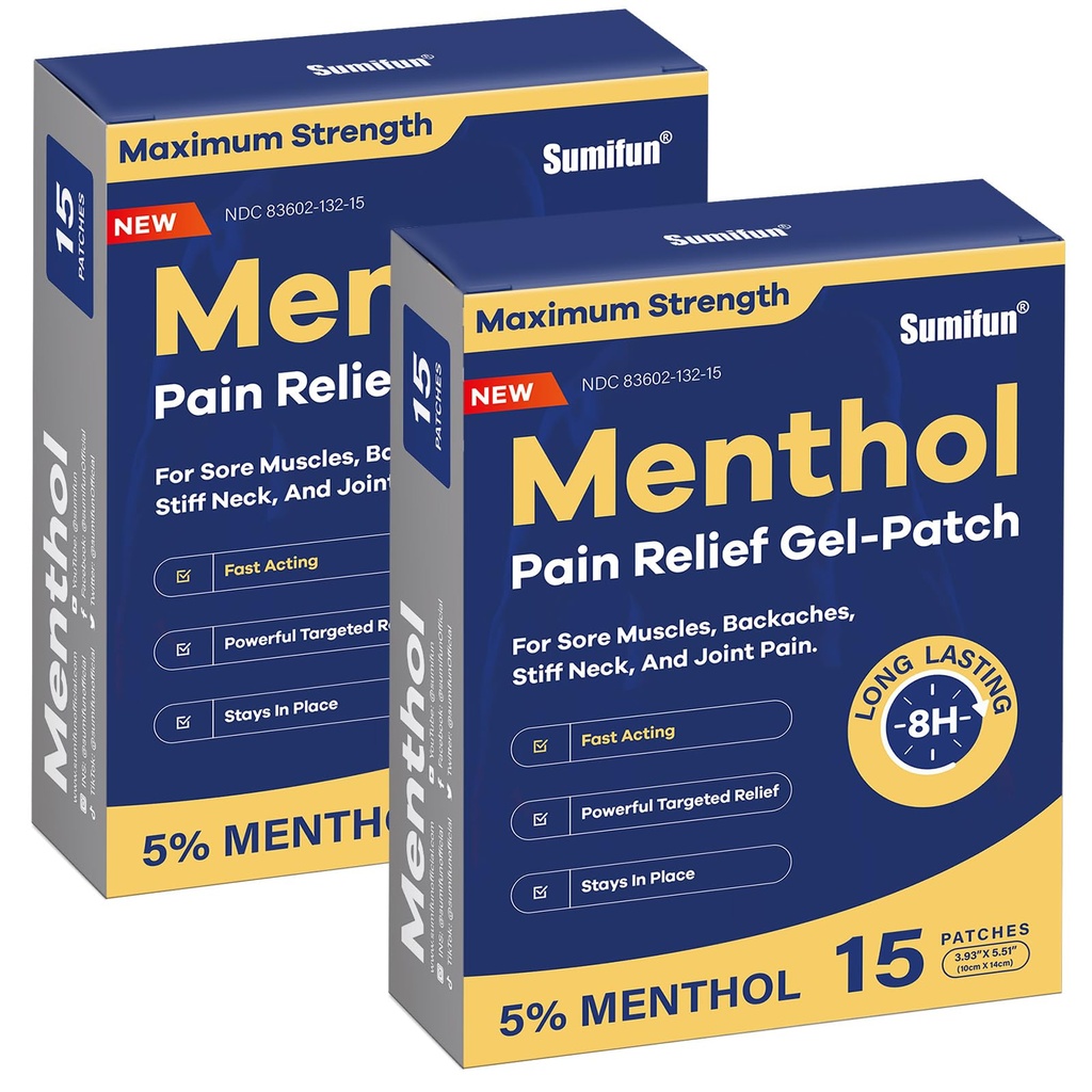 Sumifun 5% Menthol 止痛补丁 - 颈部、肩部、肘部、膝部和背部止痛补丁 30个止痛补丁 - 下部止痛补丁 - Menthol 最大止痛补丁
