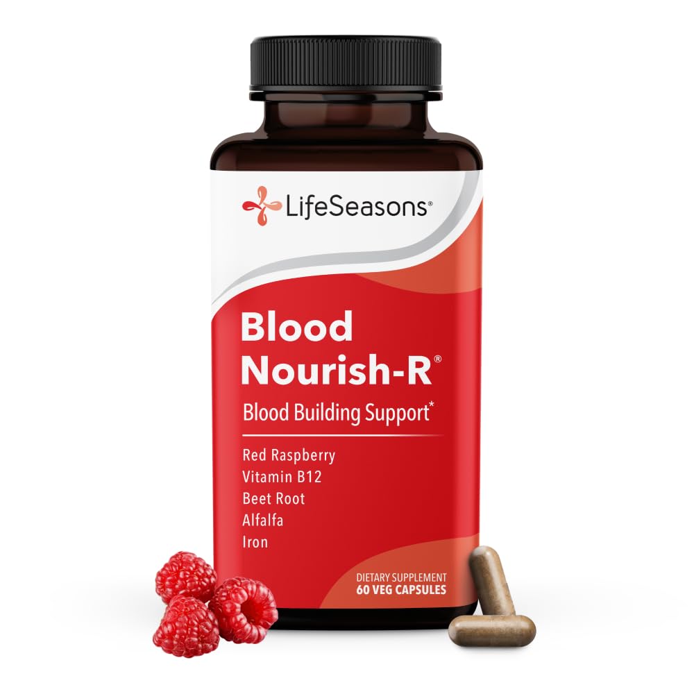 LifeSeasons Blood Nourish-R - 缺铁补充剂 - 支持贫血症,肥胖症,阴郁症和眩晕症 - 无便秘 - 血型建筑 - 铁,阿尔法尔法,Raspberry & Vitamin B-12-60 Capsules