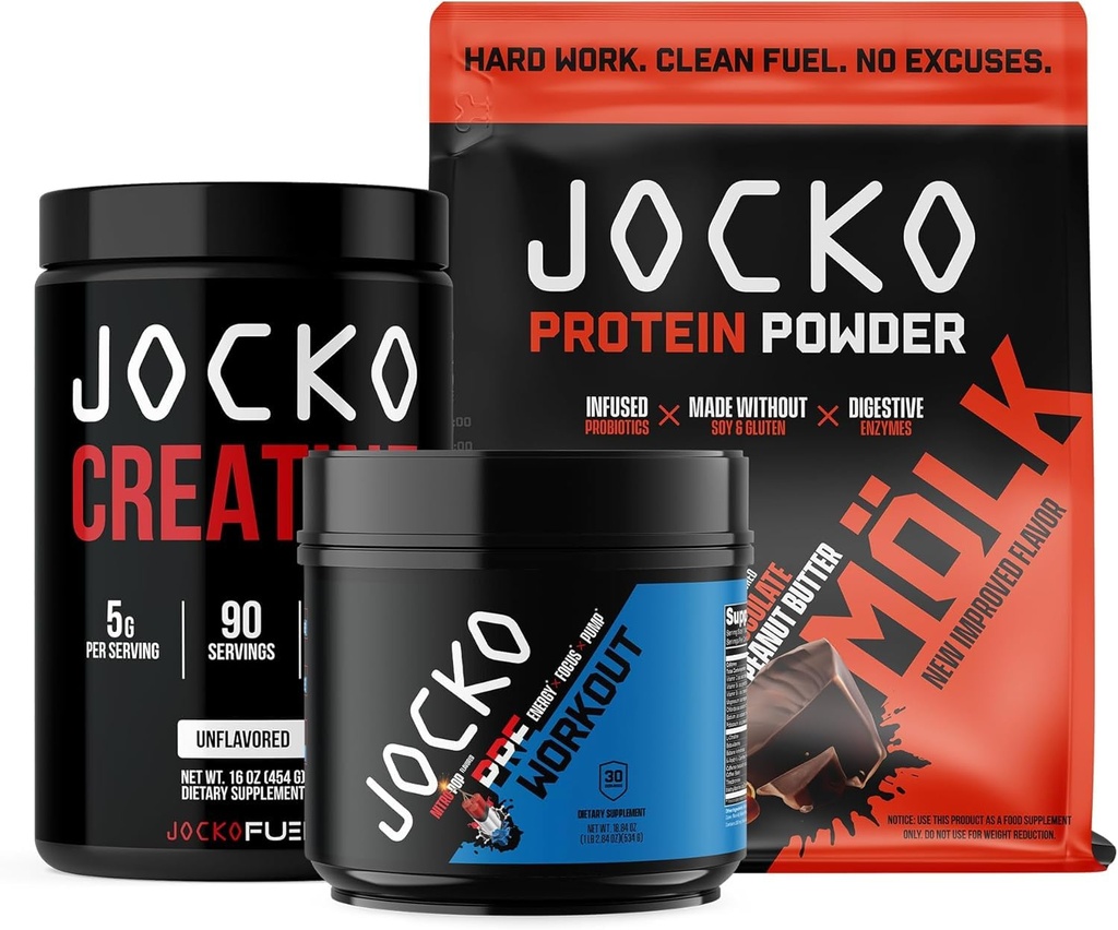 Jocko Fuel 3 Pack Bundle - Creatine,巧克力花生酱 MOLK蛋白, & Nitro Pop Prop Pre Workout