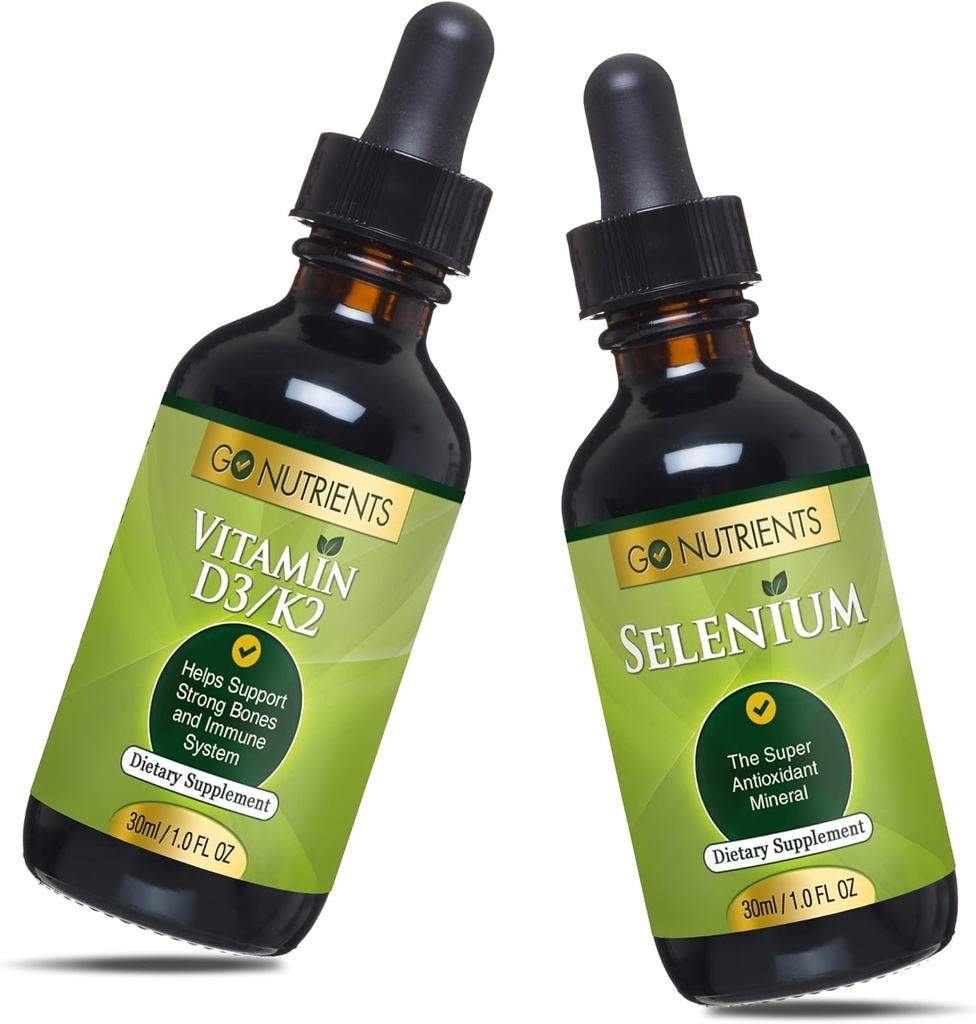 Go Nutrients Liquid Vitamin D3 配有 K2(MK-7) 投放 1oz & 硒 200 mcg 补充 1.0 oz| | Vitamin D3 和 K2| 配有矿物硒 液体和纯水的 补充