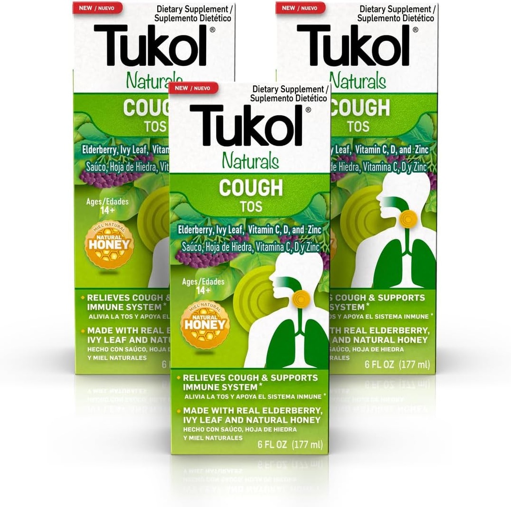 TUKOL Naturals Elderberry Syrup 配有维生素C、D和锌,配有成人和青少年天然蜂蜜的Immune支助补充品,草药 Elderberry Boost 配有豁免和抗氧化剂支助,6oz,包装3