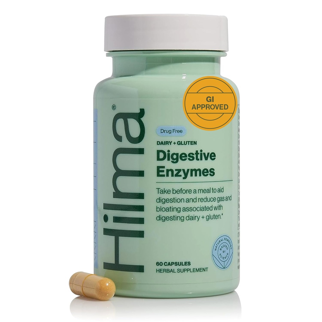 Hilma Digestive Enzymes for Women, Bloating Relief with Turmeric, Dandelion Root and Gluten Digestive Enzymes, Natural Gluten and Dairy Relief Pills, 60 Vegan Capsules