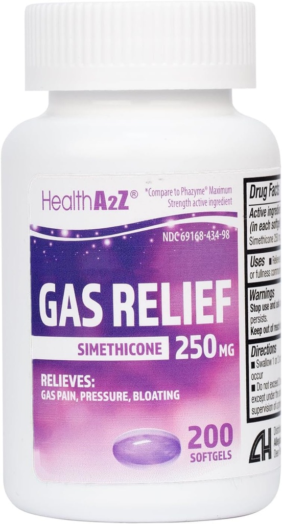 HealthA2Z® 气体救济 Simethicone 250mg → 快气体救济 → Relieve 症状自然 (200 Softgels (Pack of 1)).