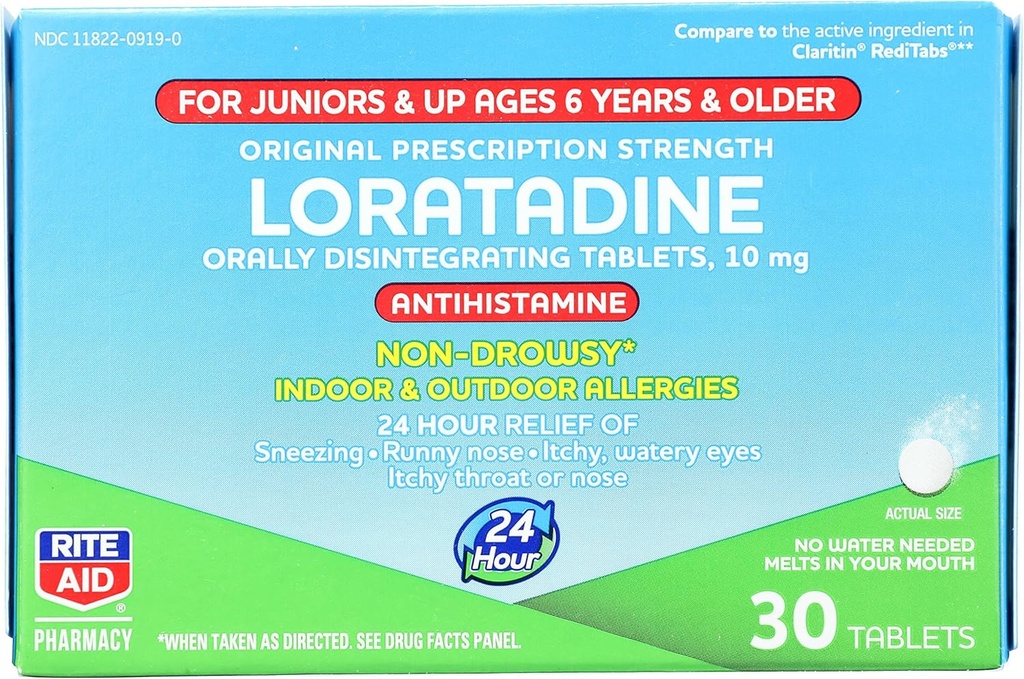 (原始内容存档于2018-10-09) (英语). Rite Aid Kid's Non Drowsy Allergy Relief, Loratadine 10mg, Mint Flavor - 30块牌匾 QQ6岁和年长者 Orally District Tabs