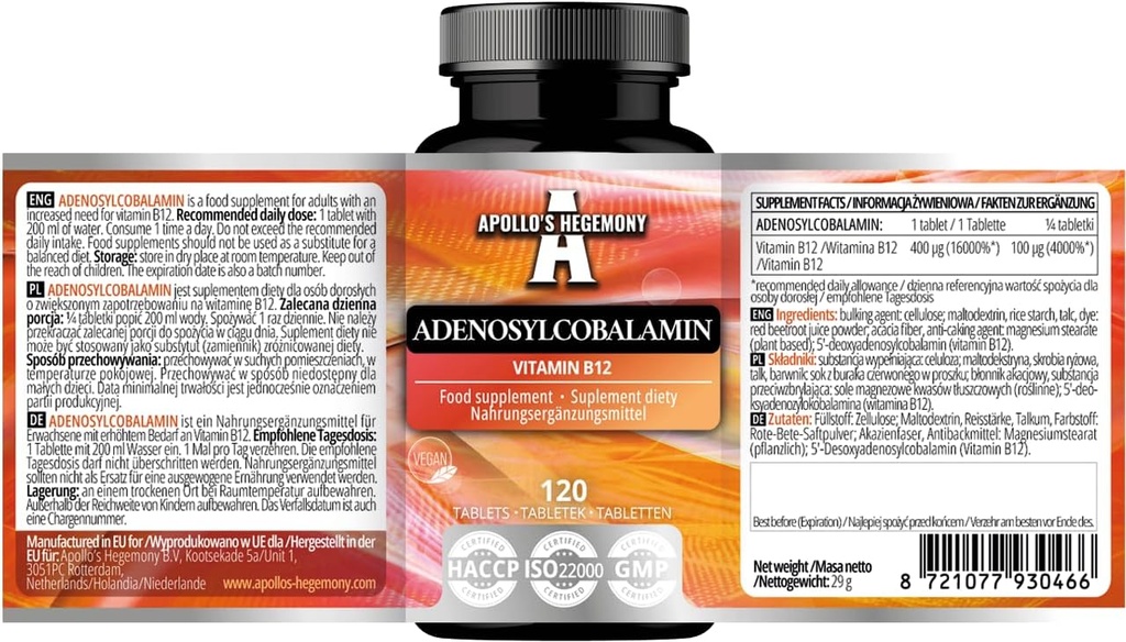 APOLLO的HEGEMONY Adenosylcobalamin 120 片 - 最佳生物可用维生素B12 增强能量代谢 - 480 服务 - 饮食补充