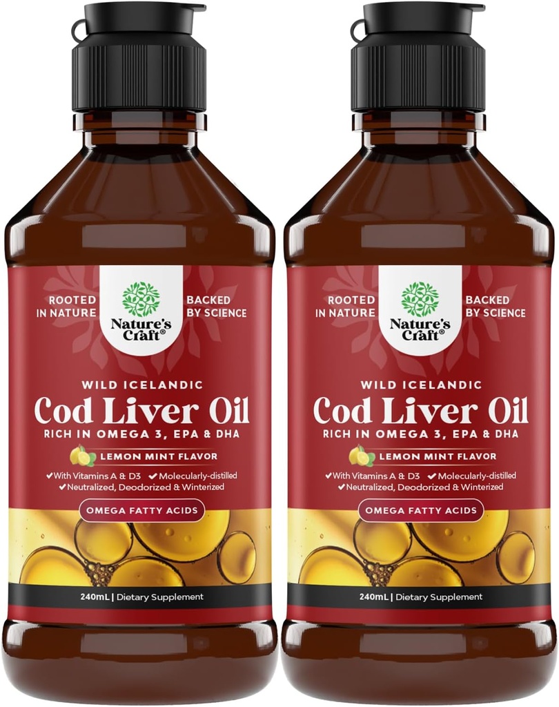 冰岛野生捕捉鳕鱼肝油液 - Omega 3的鱼油滴,EPA,DHA,维生素D & A - 液体鳕鱼肝脏的心脏,联合,大脑和免疫支持补充剂 - 240毫升 (8 Ounce) 2 Pack