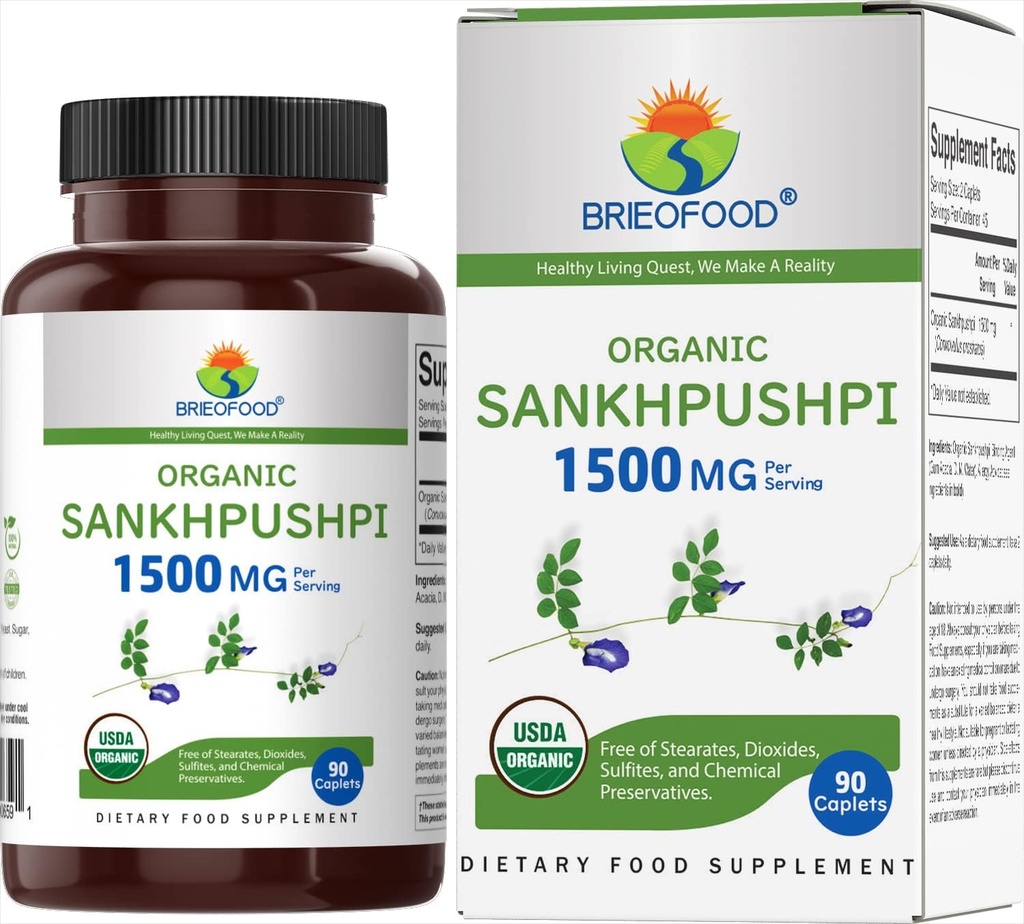 Brieofood Organization Sankhpushpi 1500mg, 45 services, 蔬菜, Gluten Free, 90 蔬菜片