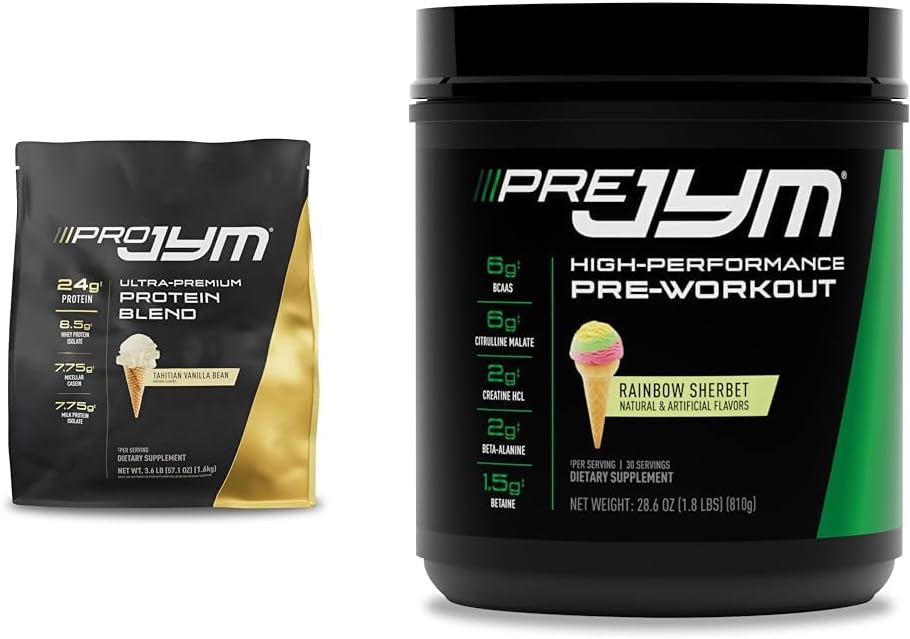 PRO JYM 45 服务 - 塔希蒂安·香草豆和Pre Jym Rainbow Sherbet, 30 服务,彩虹Sherbet, 1.8英镑(一包)