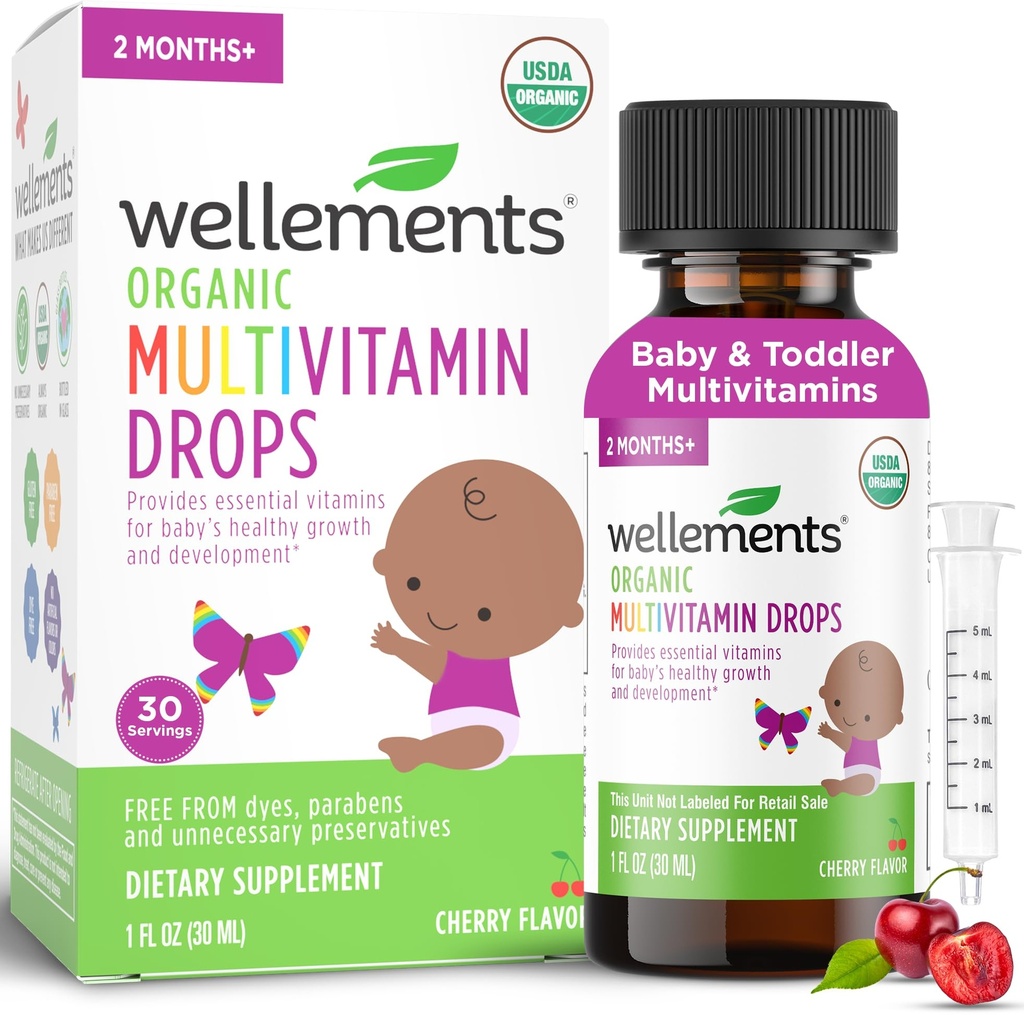 Wellements Organic Baby Multivitamin Drops (1 Fl Oz) - Cherry Flavor Liquid Multivitamins for Infants & Toddlers (2 Months+) - Toddler Vitamins for Immune Support*, Healthy Growth & Bone Development*