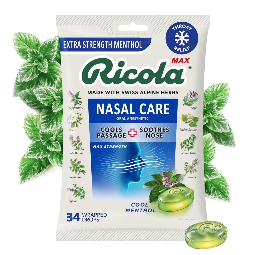 Ricola Max Cool Menthol Nasal Care 大型包装袋 咳嗽抑制剂 双行动液体中心 舒缓长距离救援 - 34 Counter (一包)