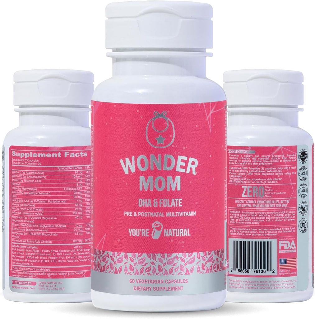 产前和产后维生素:Folate、DHA、Choline、Iron、B12、多维生素和抗生素、支持胎儿脑发育、怀孕和产后保健、Vegan、非GMO、无葡萄糖、30天