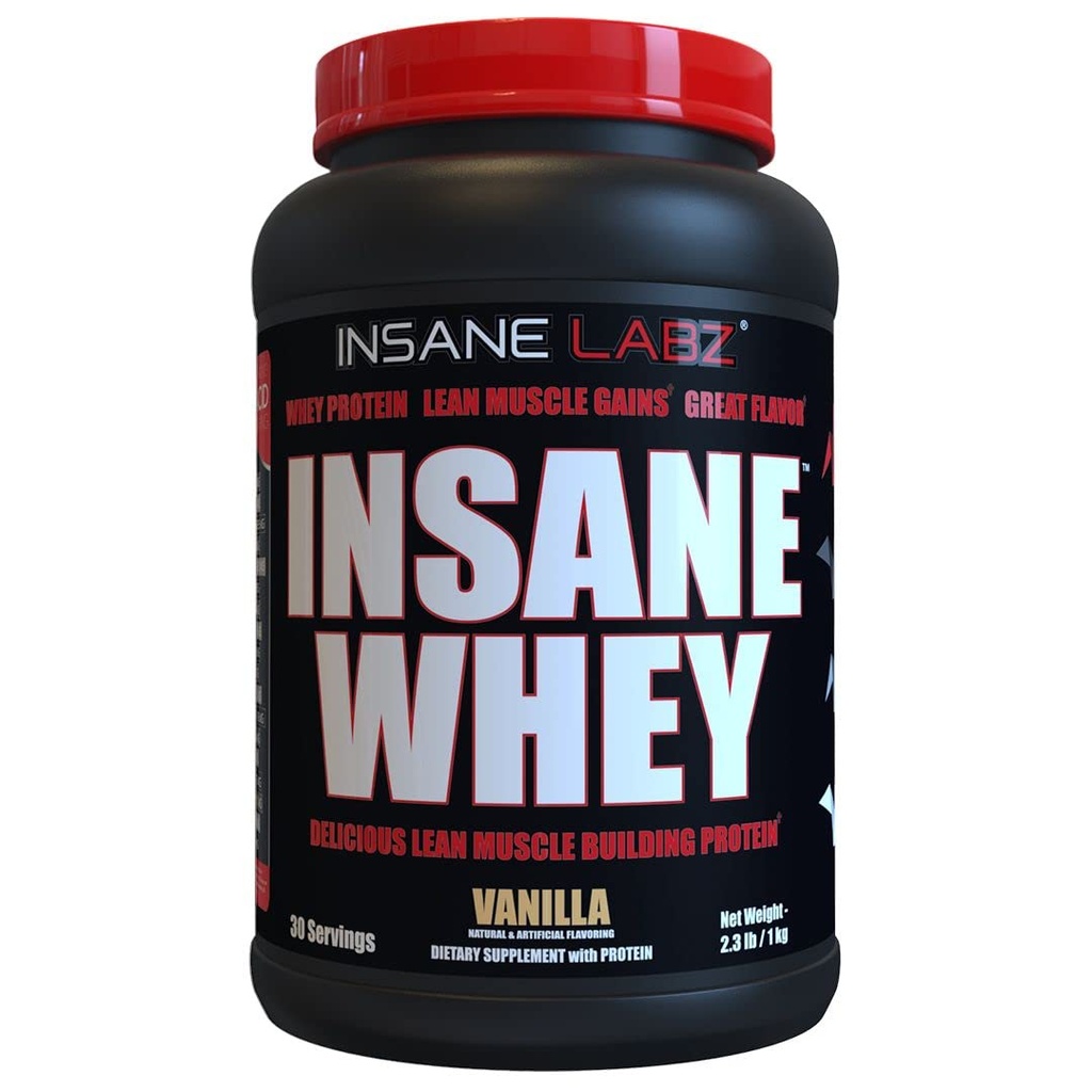Insane Labz Insane Whey 100% 肌肉建筑 Whey蛋白, BCAA 氨基简况, 质量增益器, 食品替代( Vanilla, 30 services)