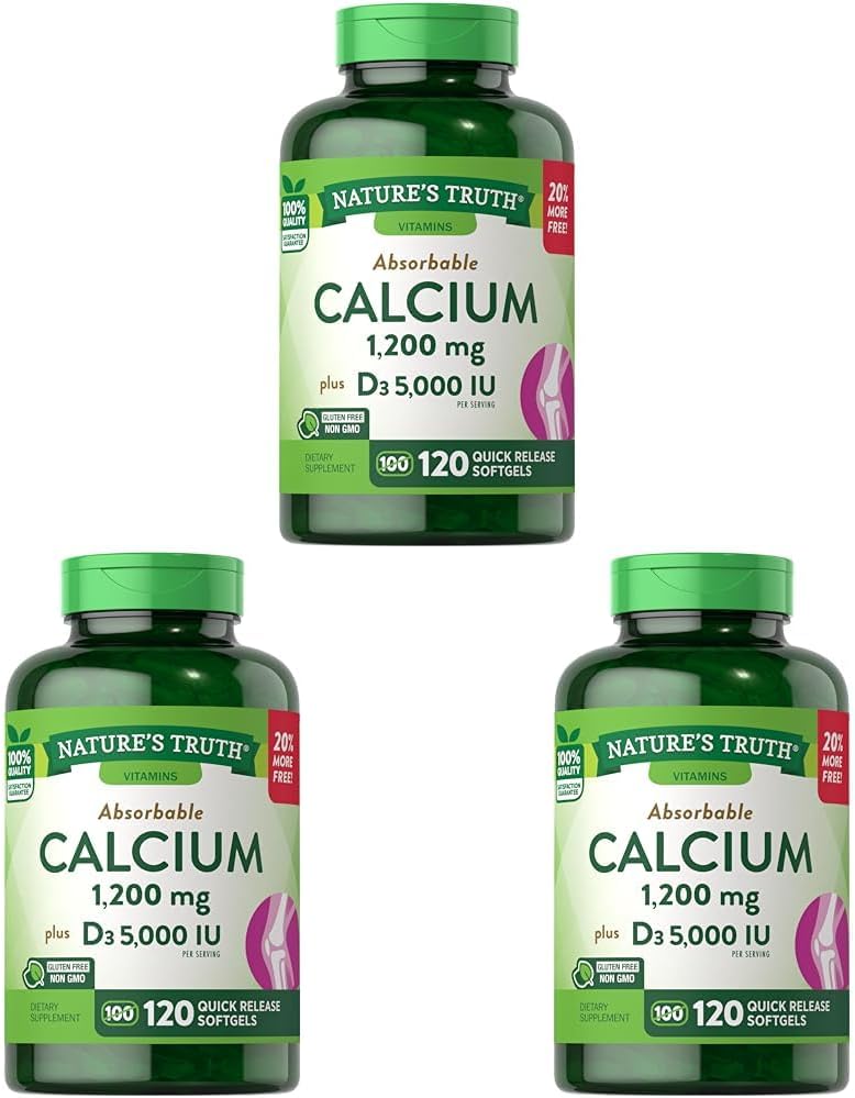 Nature's Truth Absobble Calcium 1200 mg with Vitamin D3,5000 IU → 120 Softgels → 碳酸钙 → Non-GMO Gluten Free Supplement (Pack of 3).