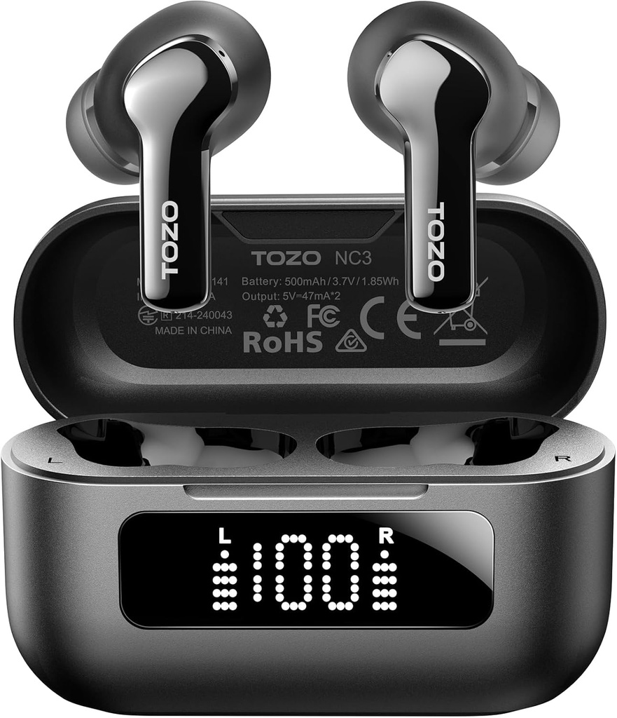 TOZO NC3 混合主动噪声 取消无线耳机 6 Mics AI Clear Call Ear Buds 55H 播放时间 LED 显示 32 预设 EQs 通过APP 蓝牙 5.3 IPX8 耳机防水